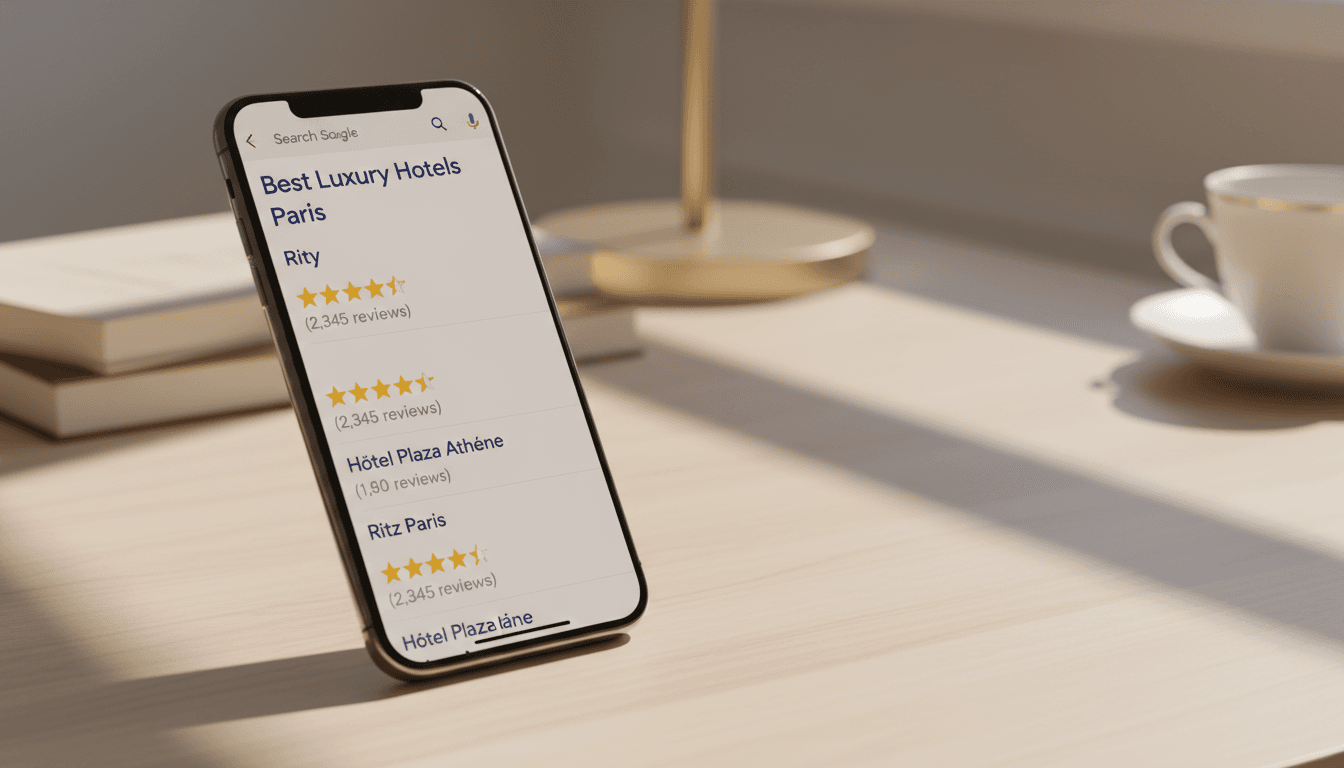 Google search results with 5-star business reviews on smartphone