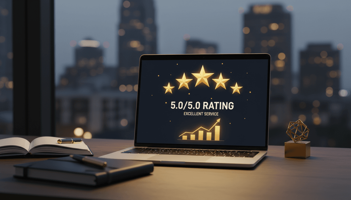 Professional desk workspace displaying 5-star review metrics and ratings on laptop screen