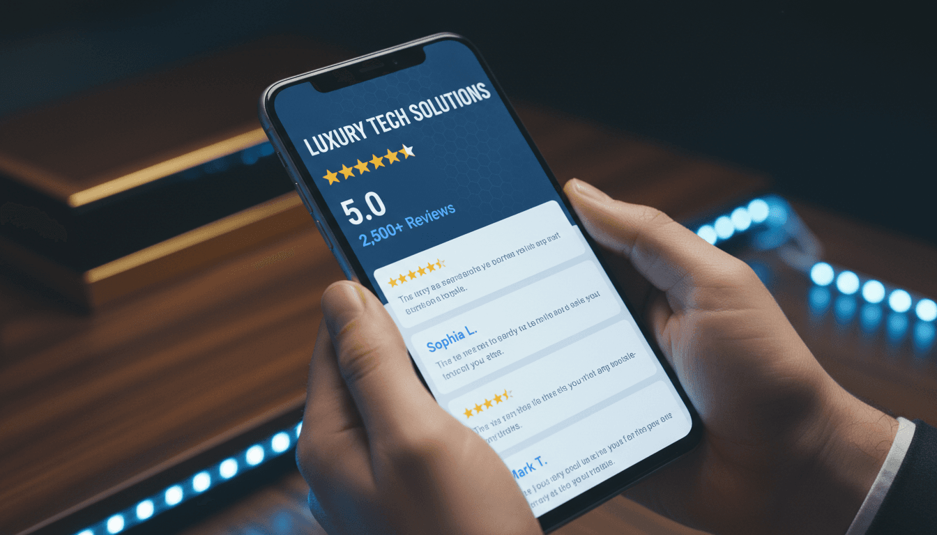 Smartphone showing Google Business Profile with 5-star reviews