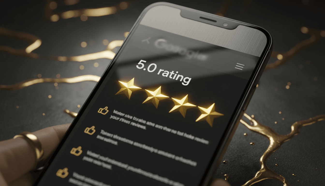 Smartphone showing Google Business profile with five-star reviews and gold accents