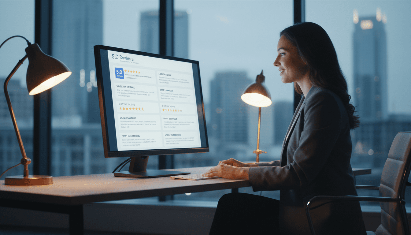 Business owner reviewing 5-star Google reviews on desktop