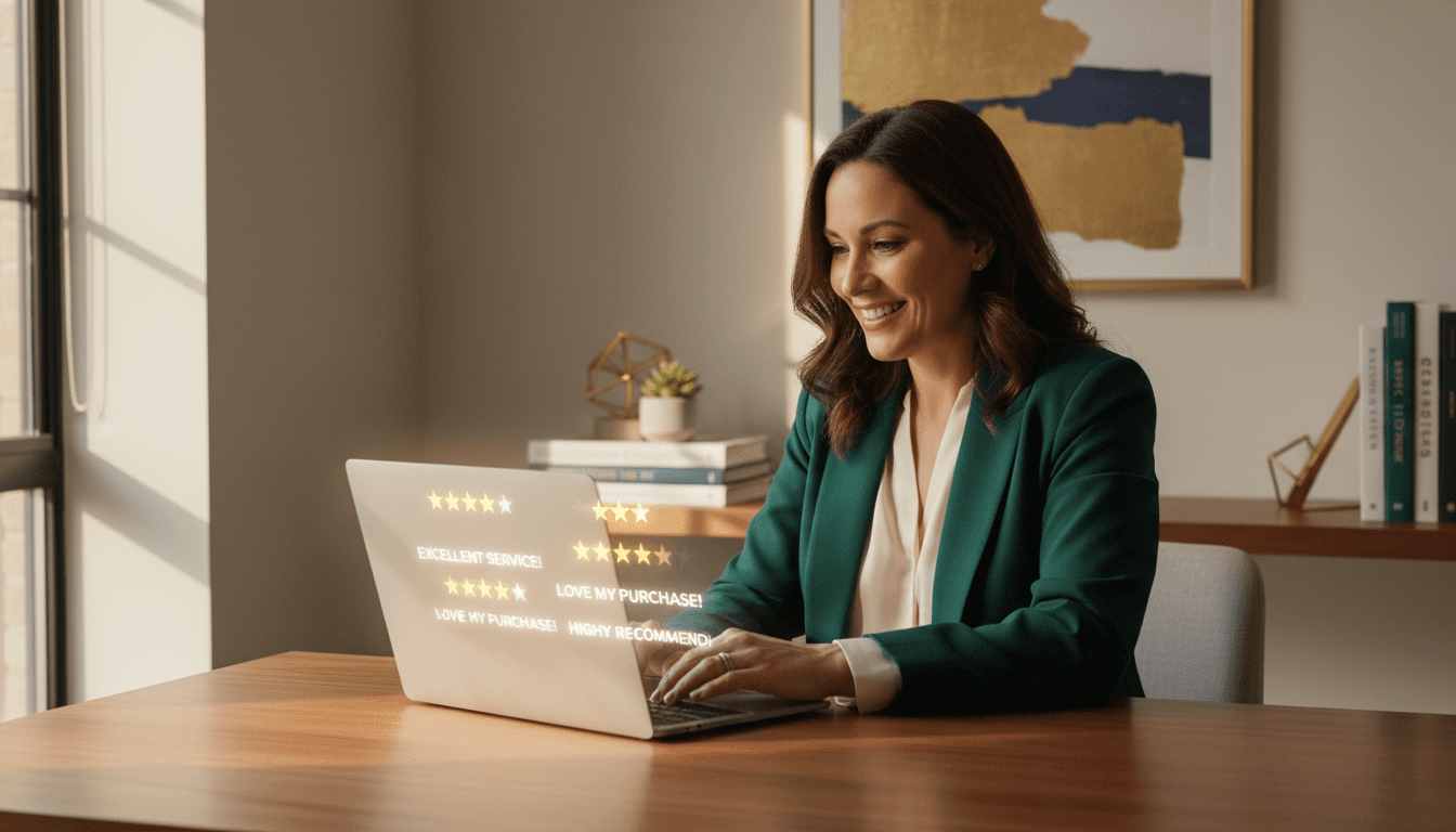 Business owner reviewing positive 5-star customer reviews