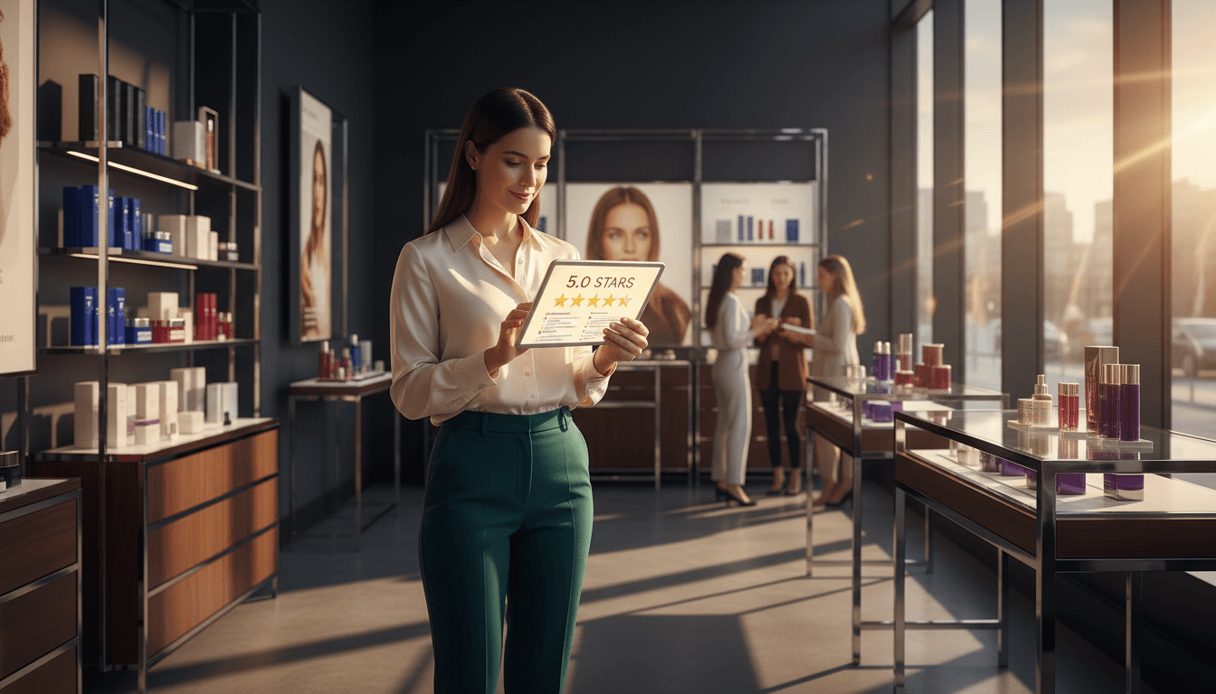 Business owner reviewing 5-star Google reviews on tablet in upscale storefront with warm golden light