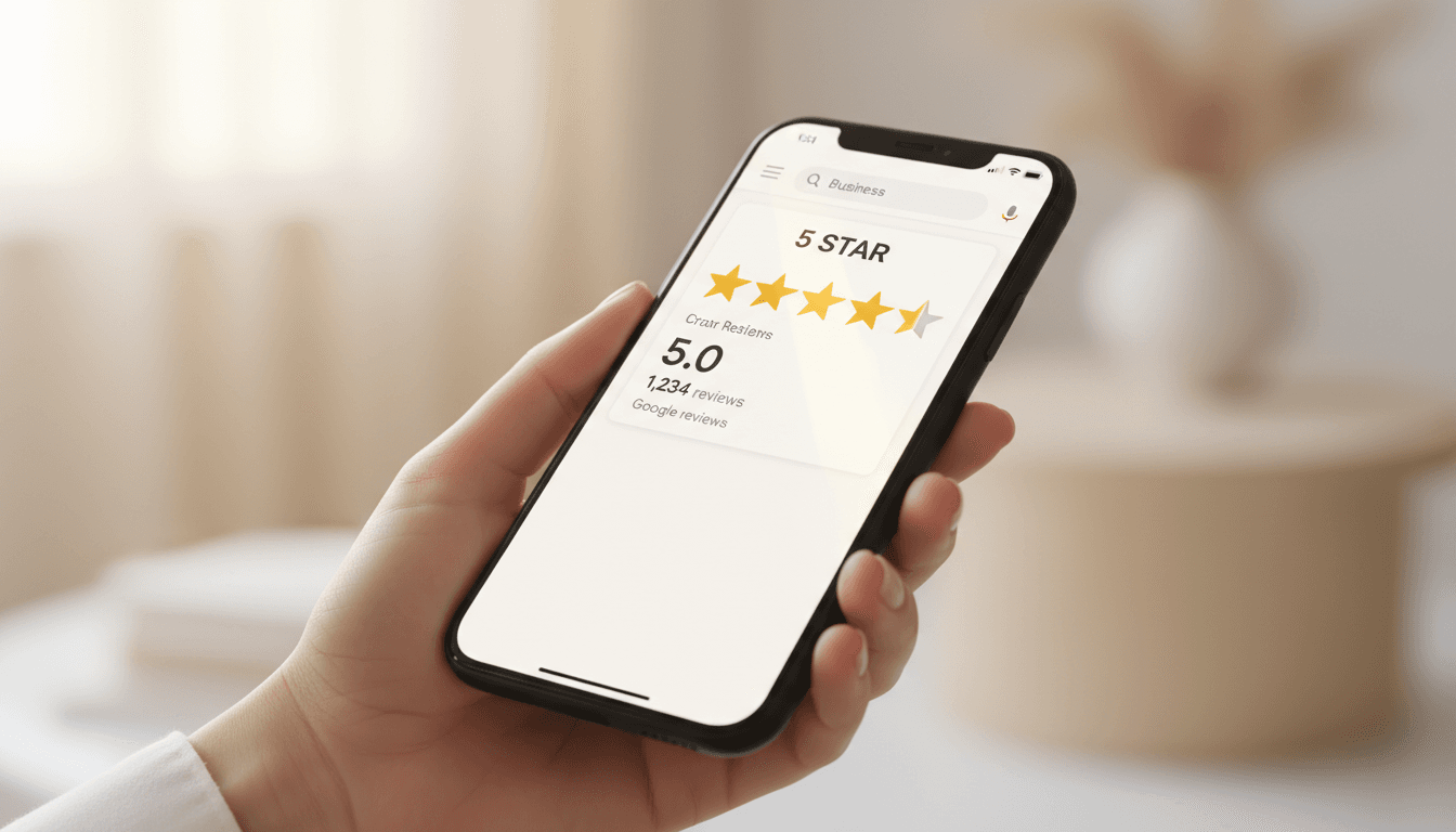 Smartphone showing Google Business profile with 5-star reviews