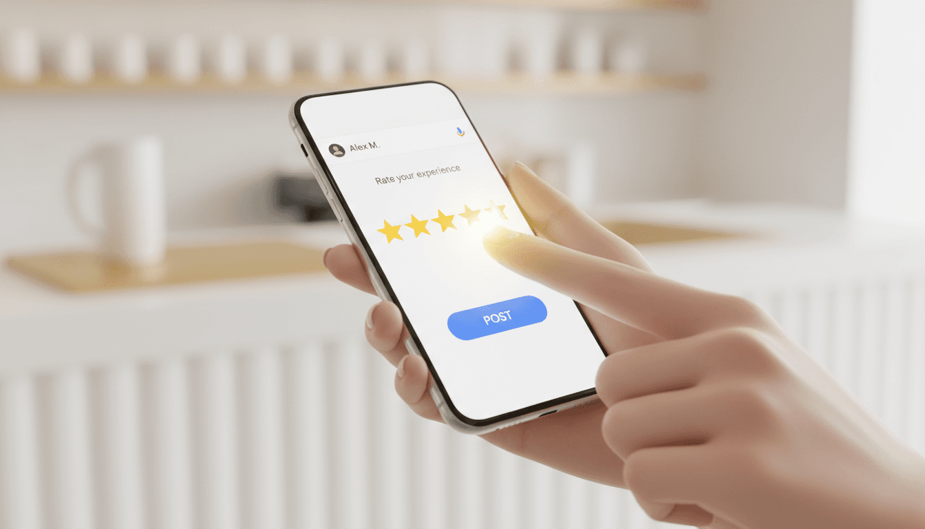 Customer leaving a 5-star Google review on mobile device