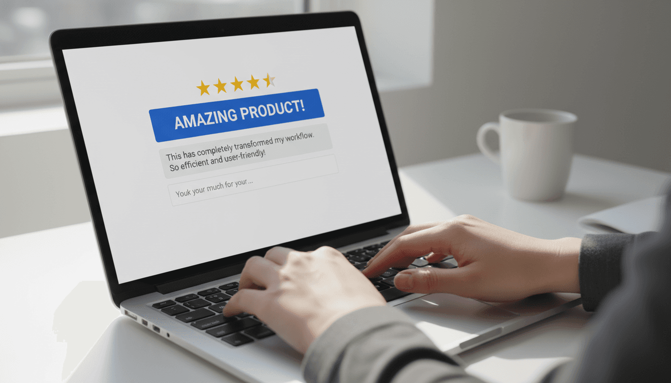 Professional typing a response to a customer review on laptop