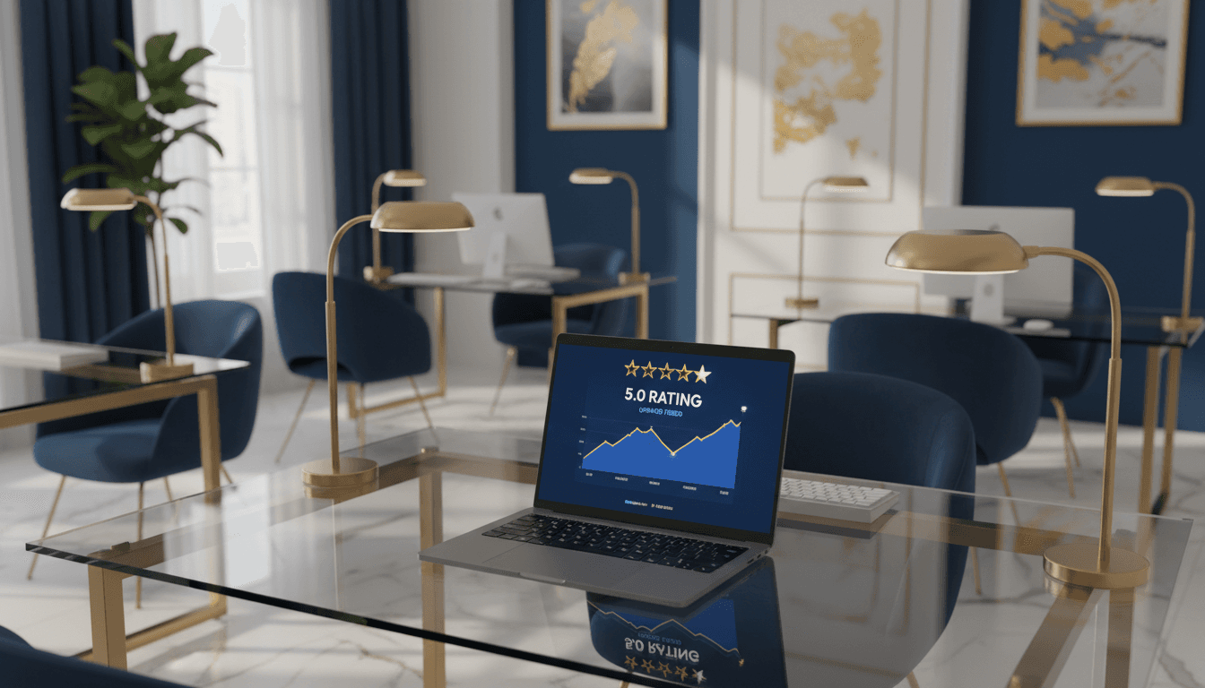 Charlotte office workspace with Google reviews dashboard on laptop screen showing upward trending analytics and 5-star ratings