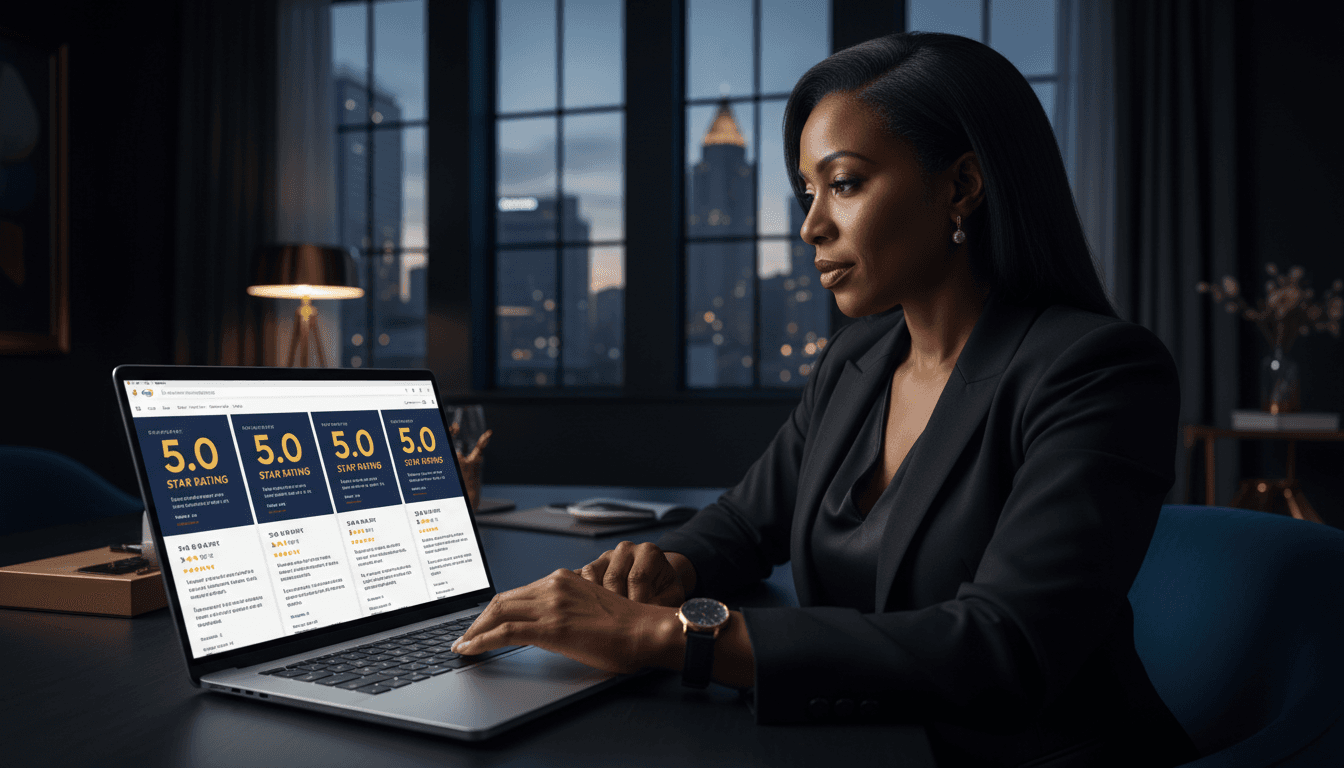 Professional reviewing positive Google reviews and 5-star ratings on laptop