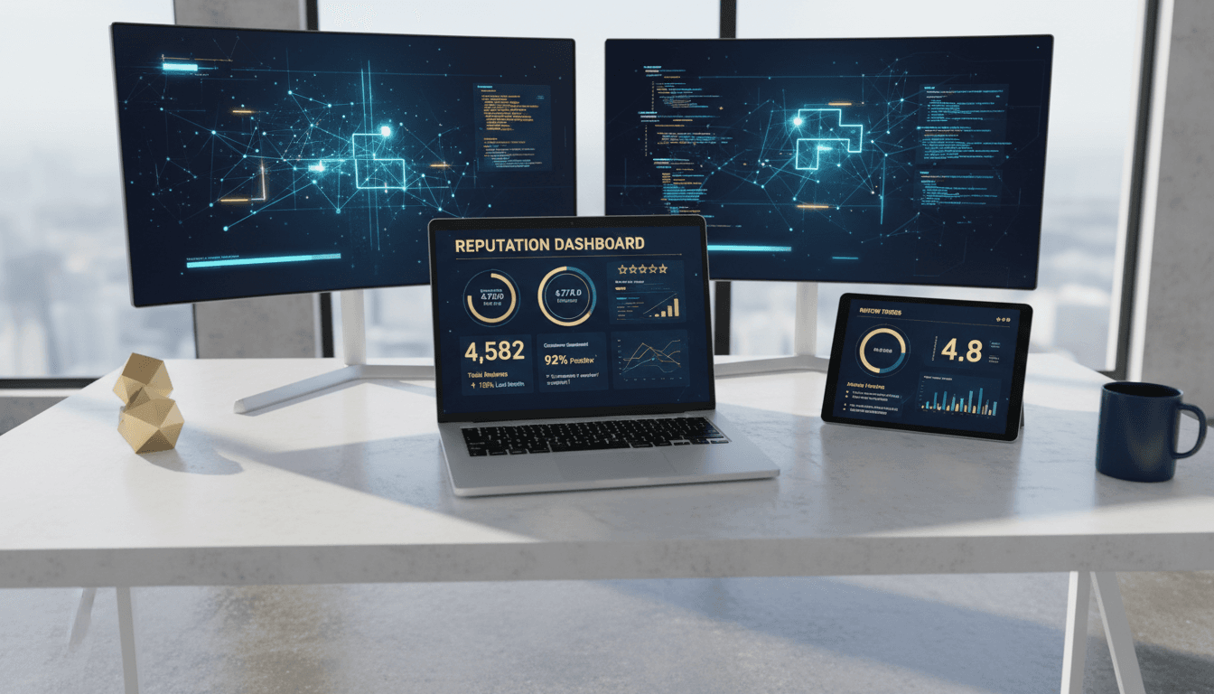 Reputation monitoring dashboard on computer screen showing reviews and ratings