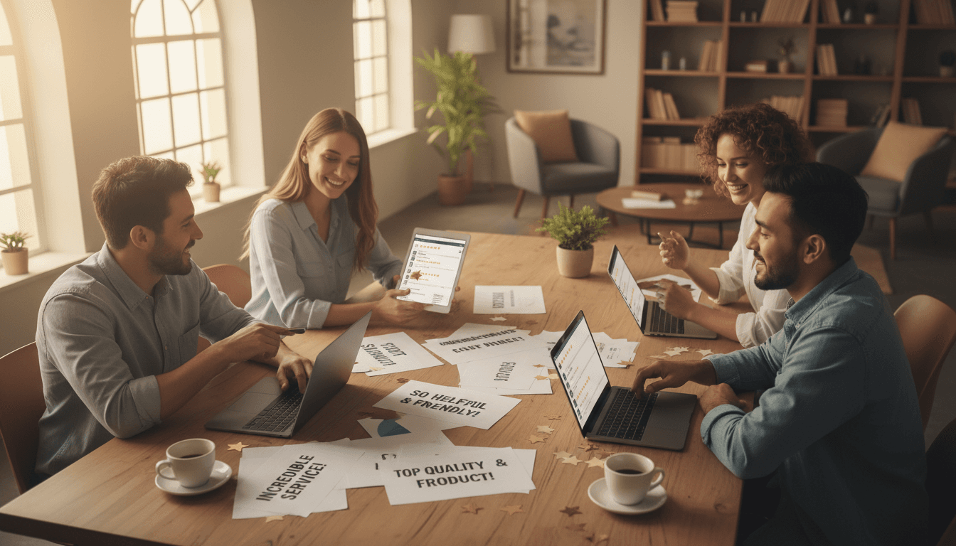 Business professional reviewing positive customer feedback and testimonials